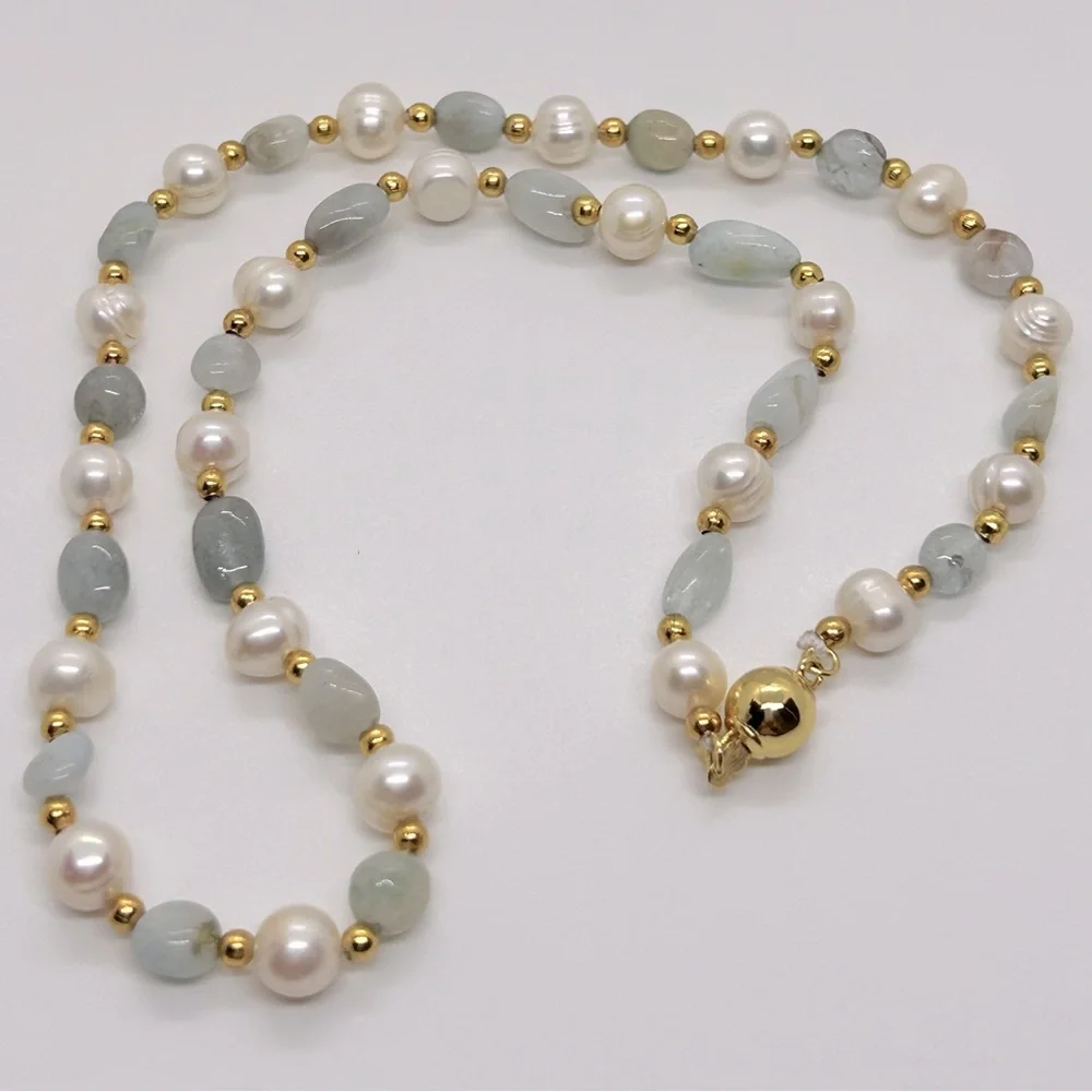 White Freshwater Pearl & Aquamarine Stones 18K GP Necklace & Bracelet Set